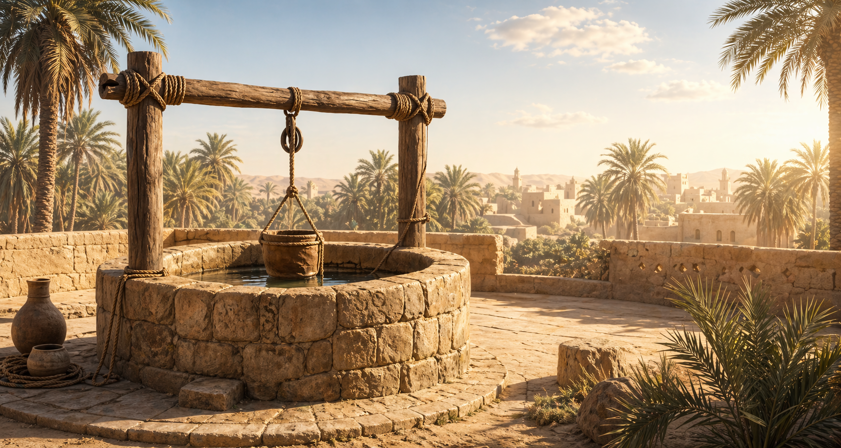 An ancient stone well in a desert oasis surrounded by palm trees